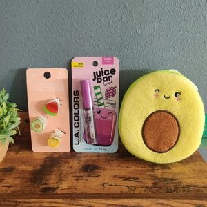 Fruit clips grape lip oil avocado body loofah scrub sponge NWT strawberry new